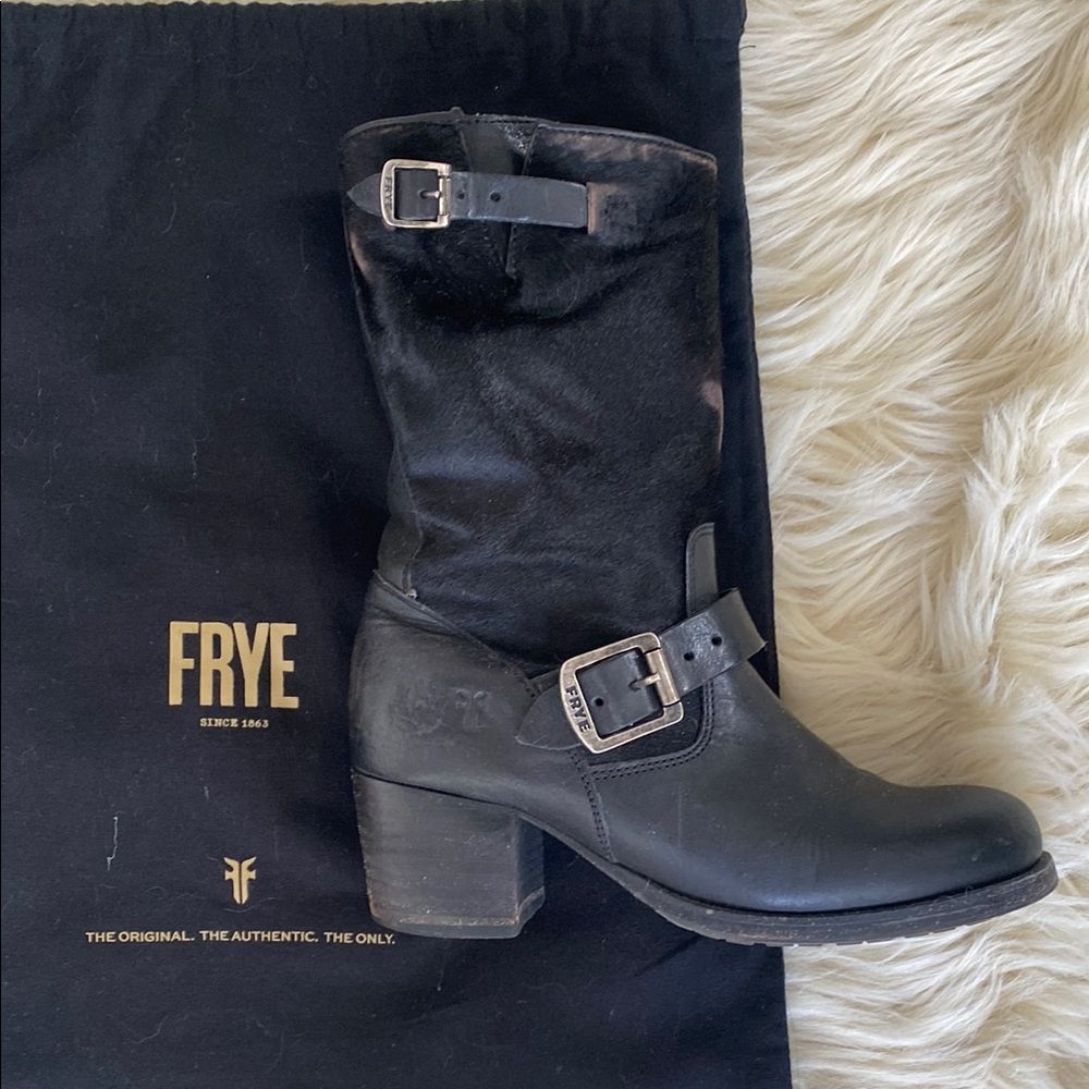 Frye Women's Cowhide Black Leather Rider's Boots Sz 7b Boho Western Biker Moto